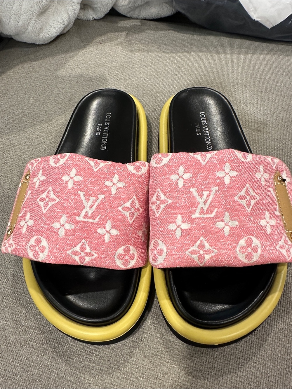Pink Monogram Slide Sandals with Yellow Trim size 6.5